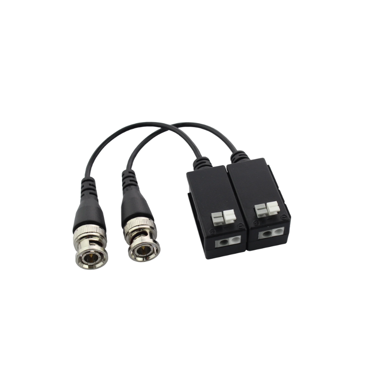 NT-BL4101 1-ch HD passive video balun, transmitter at camera side, receiver at DVR side, push-pin terminal with pigtail, zinc alloy BNC connector